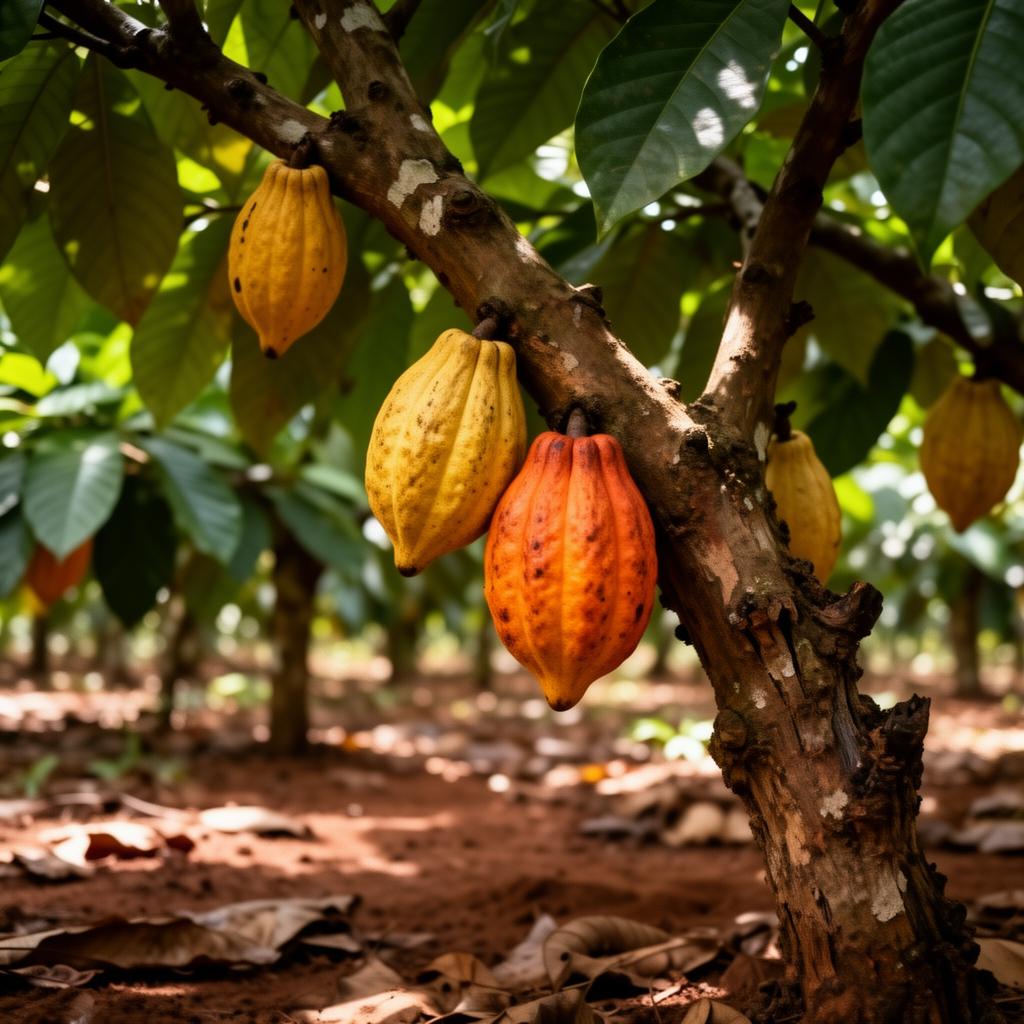 Ripe cacao pods growing on tree in Kono District Sierra Leone