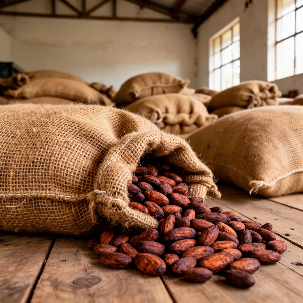Cacao beans in jute sacks prepared for export